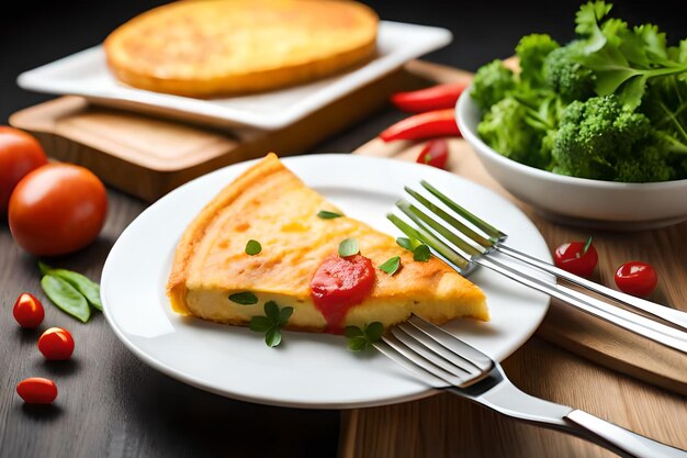 A plate of quiche with a fork and broccoli on it