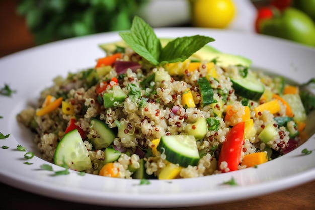 A plate of quinoa salad with a lemon on the side.