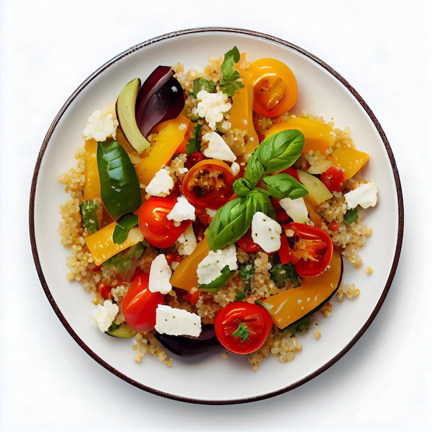 A plate of quinoa, tomato, and feta salad with feta.