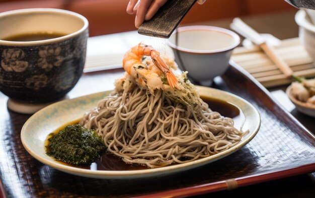 Photo a plate of ramen with a hand sprinkling shrimp on top of it.