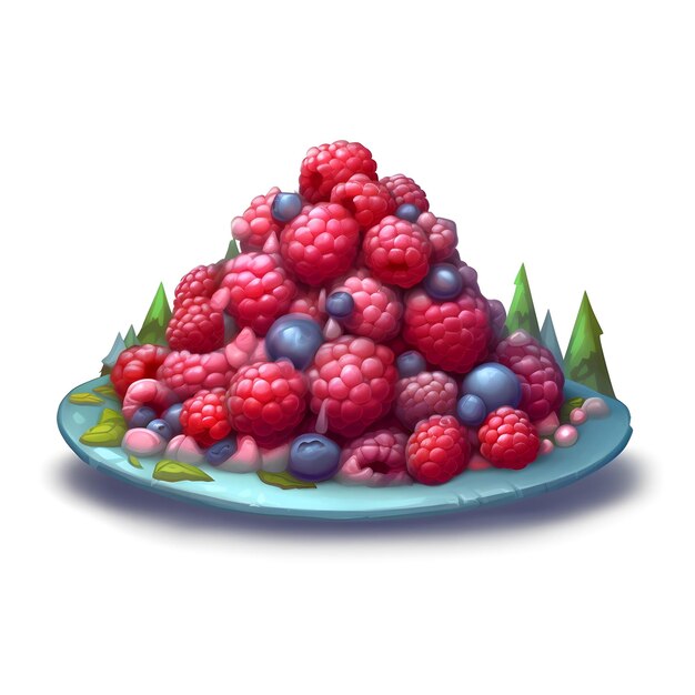 A plate of raspberries and blueberries is on a white background.