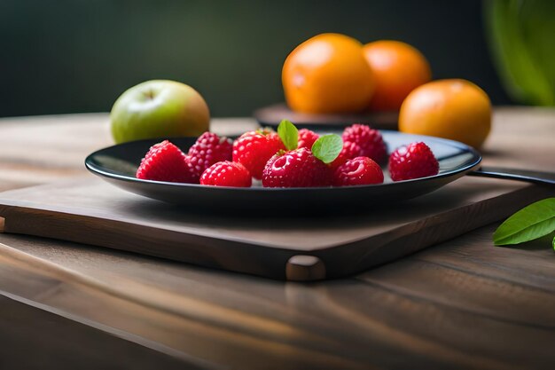 Photo a plate of raspberries, oranges and a plate of fruit.