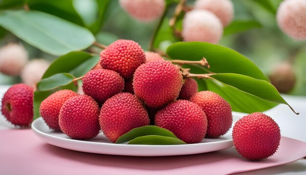 Photo a plate of raspberries with a pink background and a white plate with a pink flower