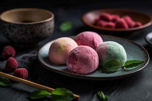 A plate of raspberry ice cream with a plate of raspberry ice cream on it