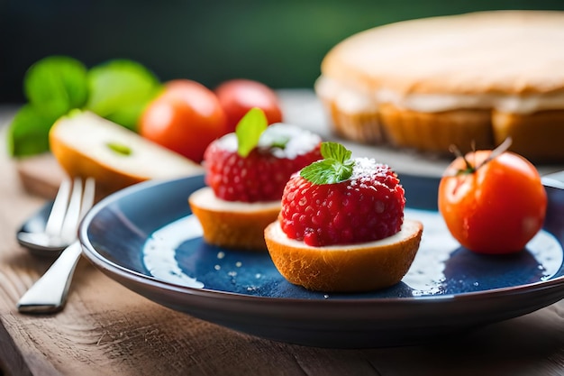 a plate of raspberry pies with a plate of raspberry jam on it.