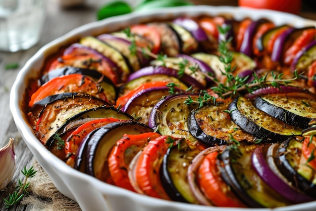 Photo plate of ratatouille a french vegetable dish with sliced eggplant zucchini tomato onion garlic and herbs baked in a casserole in the style of rustic colorful healthy