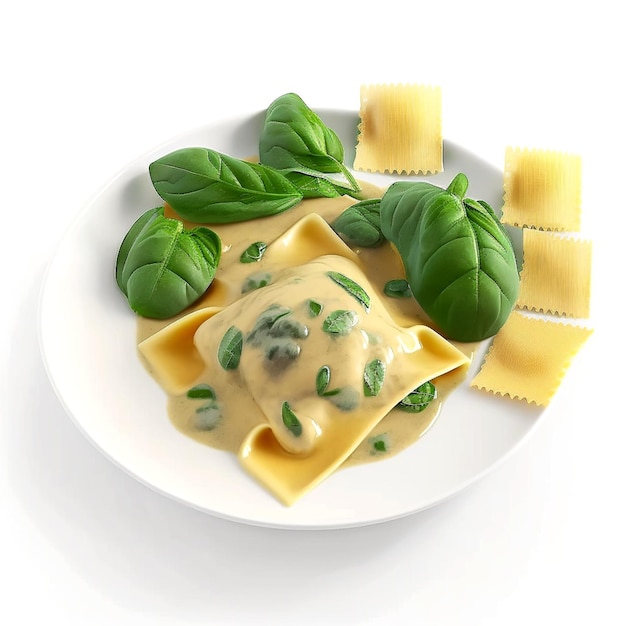 A plate of ravioli with a sauce and basil leaves on it