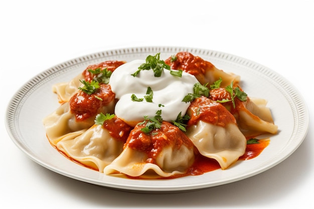 A plate of ravioli with sour cream and sour cream.