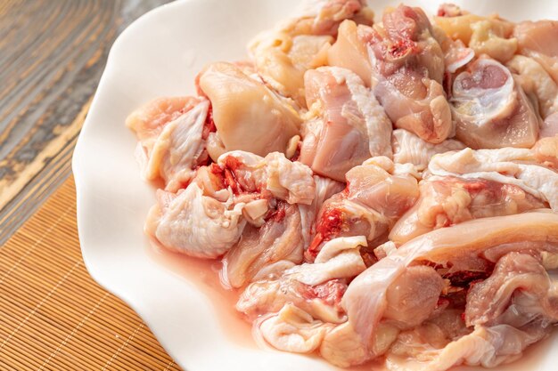 A plate of raw meat on a wooden table