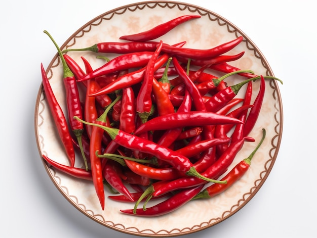 A plate of red chili peppers on a white background