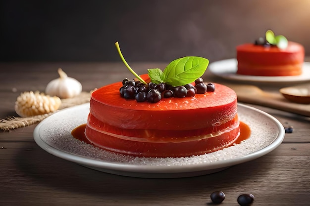 A plate of red jello with blueberries on it