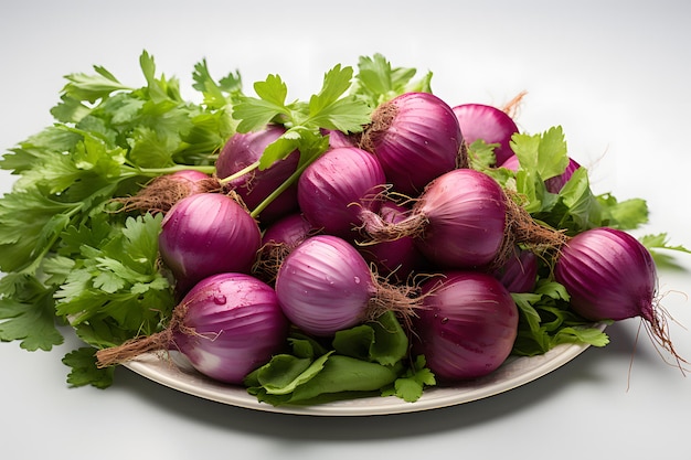 a plate of red onions and greens