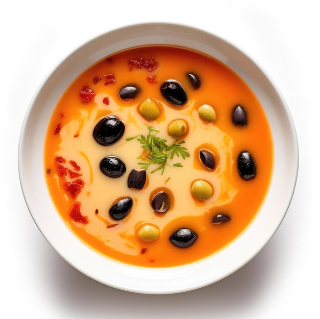 Plate of red vegetable soup top view isolated on white background