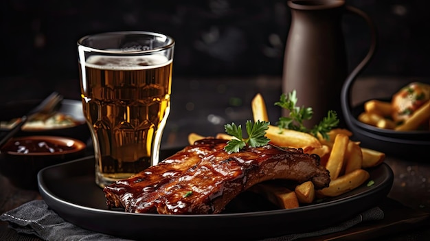 A plate of ribs and beer with a glass of beer