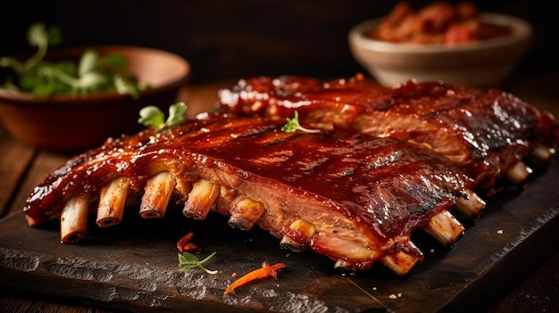 A plate of ribs with bbq sauce on it