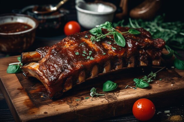 A plate of ribs with a sauce on it