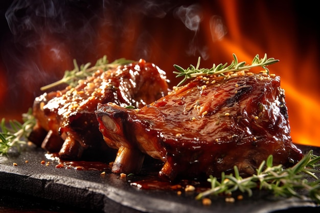 A plate of ribs with a sprig of rosemary on it