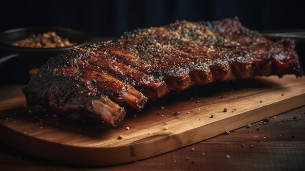 A plate of ribs on a wooden board with the words bbq on it