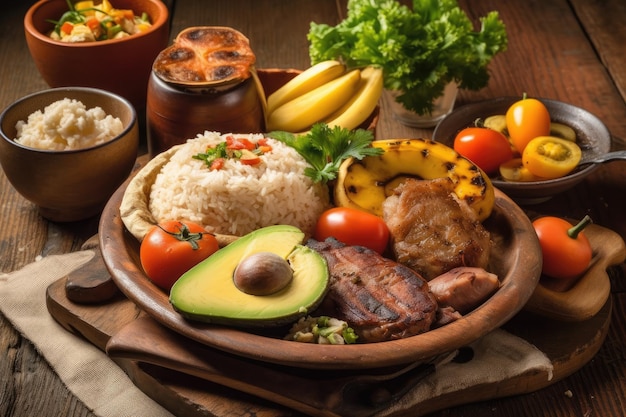 Photo a plate of rice avocado meat and vegetables generative ai