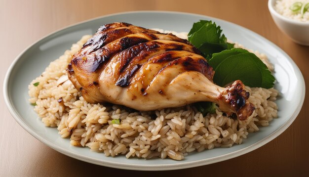 A plate of rice and chicken with a side of vegetables