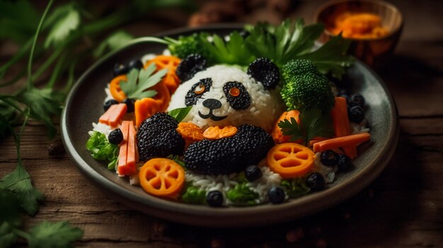 A plate of rice and vegetables arranged to look like a panda AI Generated