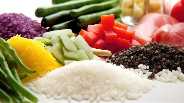 A plate of rice, vegetables, and other foods including rice