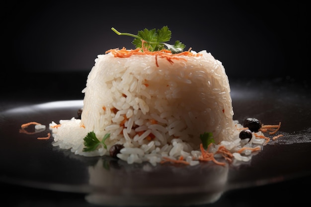 A plate of rice with carrots and black pepper on it