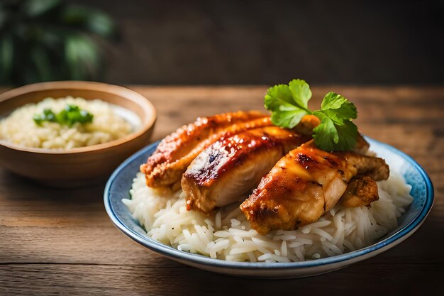 A plate of rice with chicken on it and a bowl of parsley on the side.