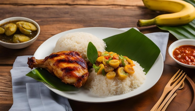 Photo a plate of rice with a chicken and rice on it