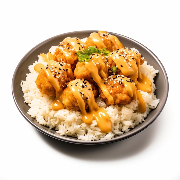 Plate Of Rice With Chicken And Sauce On It