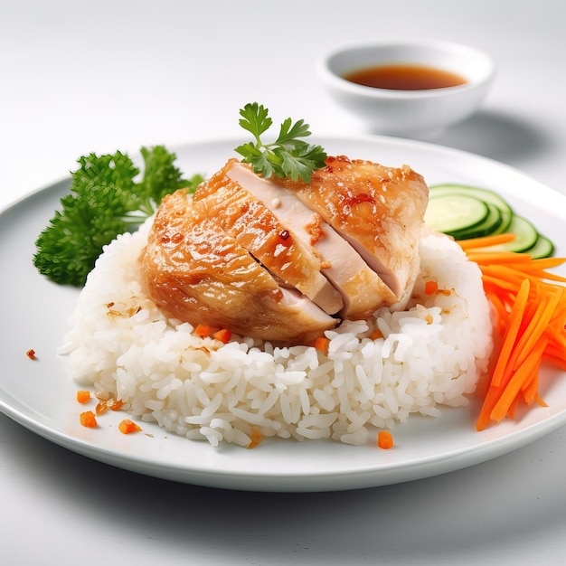 A plate of rice with chicken and vegetables on it