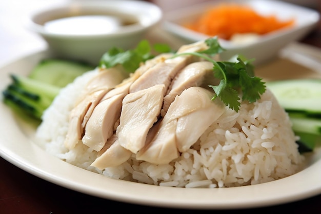 A plate of rice with chicken and vegetables on it