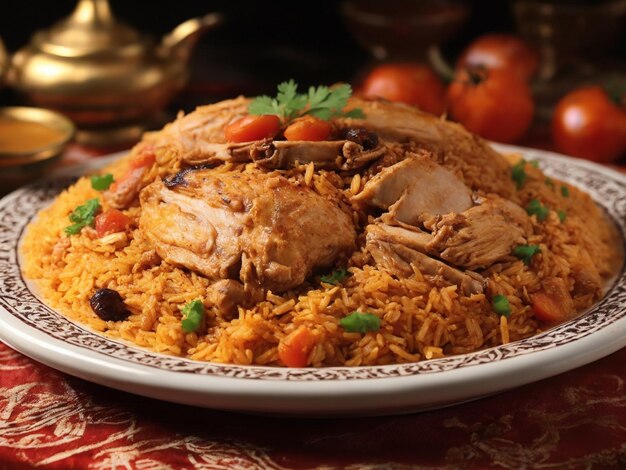 a plate of rice with chicken and vegetables