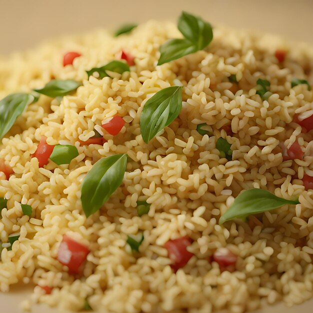 Foto un piatto di riso con una foglia verde e peperoncino rosso