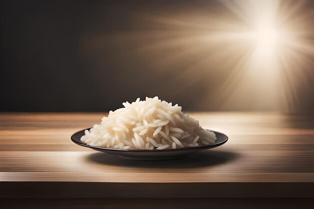 A plate of rice with a light shining behind it