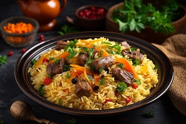 a plate of rice with meat and vegetables