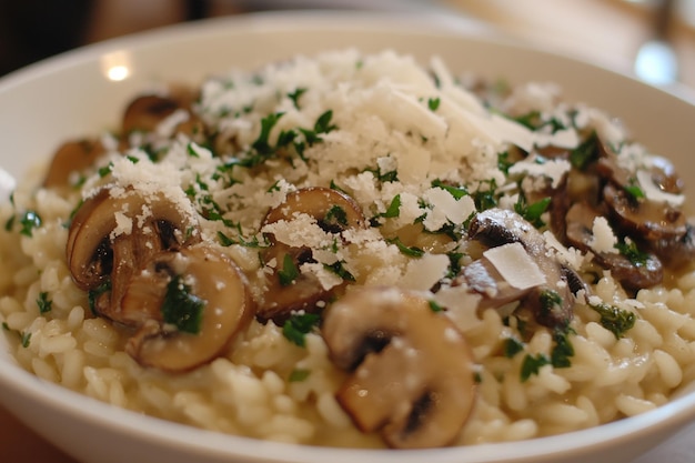 a plate of rice with mushrooms and parsley on top