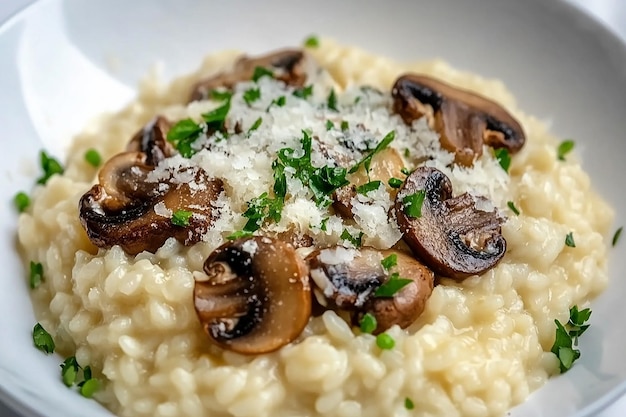 a plate of rice with mushrooms and parsley on top