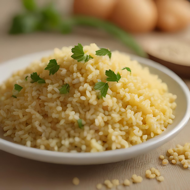 Photo a plate of rice with parsley on top of it