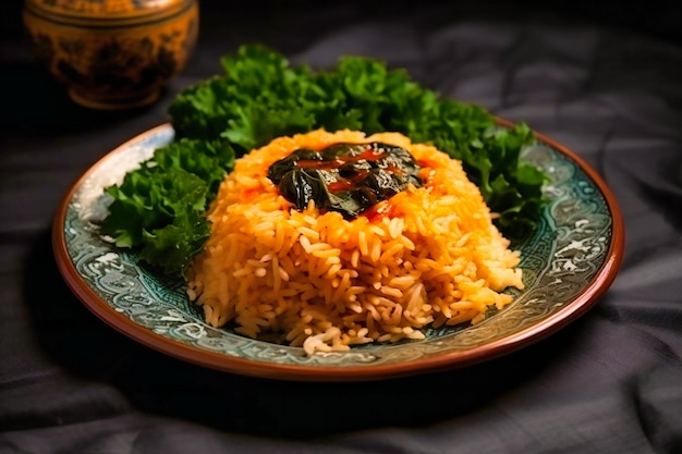 A plate of rice with sauce and green fern leaves on it