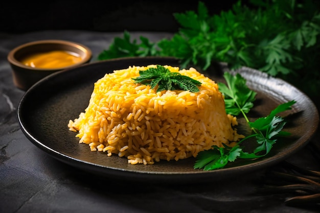 A plate of rice with sauce and green fern leaves on it