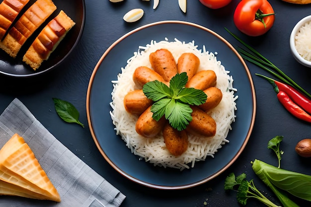 A plate of rice with sausages on top of it