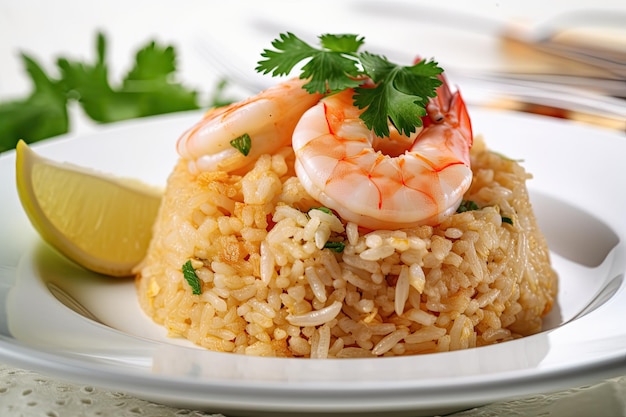 A plate of rice with shrimp on it
