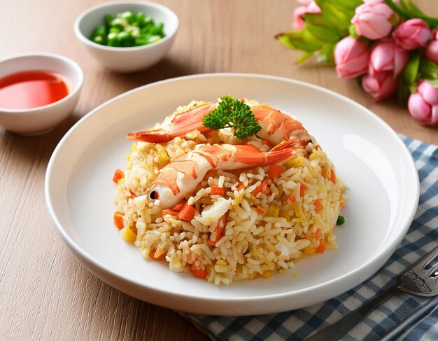 A plate of rice with shrimp rice and broccoli | Premium AI-generated image