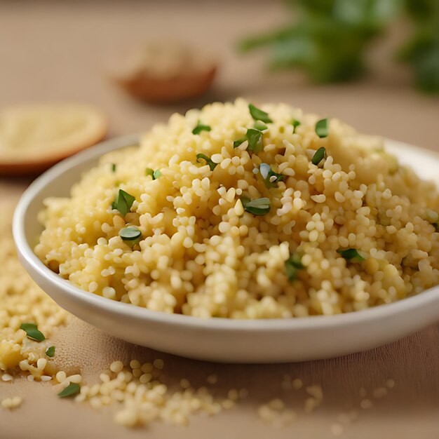 Photo a plate of rice with a small white bowl of parsley on it