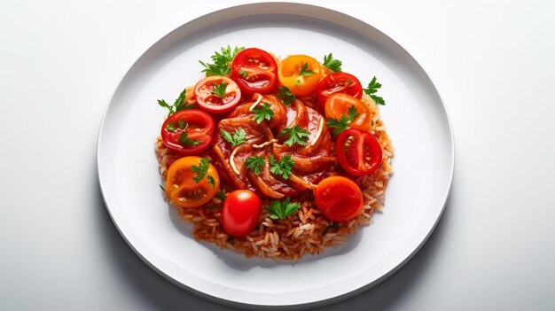 A plate of rice with tomatoes and parsley on it