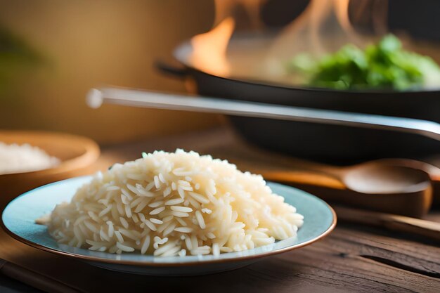 A plate of rice with a wooden spoon and a pan of rice on the table