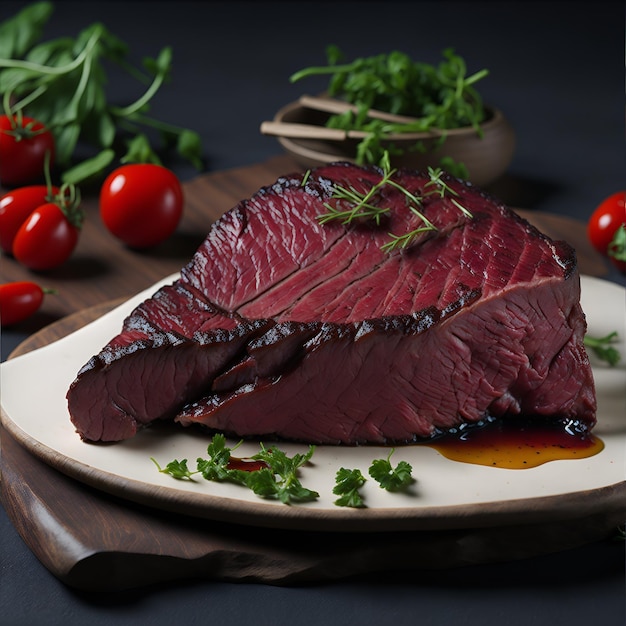 A plate of roast beef with herbs on it