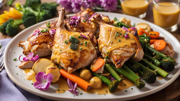 A plate of roasted chicken thighs glazed with a honey and mustard sauce with spring vegetables