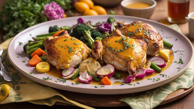 A plate of roasted chicken thighs glazed with a honey and mustard sauce with spring vegetables